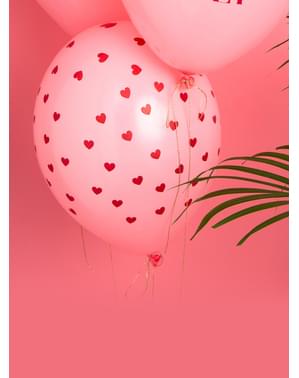 Sett med 6 Rosa Latex Ballonger Med Røde Hjerter - Valentine Collection