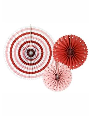 sett med 3 dekorativ papirvifte med striper og hjerter - Valentine Collection