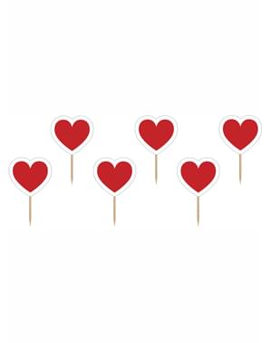6 Red and White Hearts Cupcake Toppers - Valentine Collection