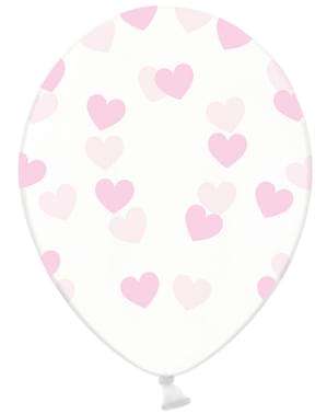 Latex-Luftballons transparent mit hellrosa Herzen Set 6-teilig - Valentine Collection