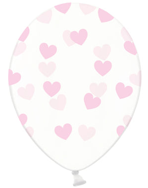 6 Clear Latex Balloons With Light Pink Heart (30 cm) - Valentine Collection