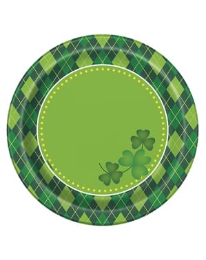 Sada 8 kostkovaných zelených dezertních talířů Happy St Patrick's Day