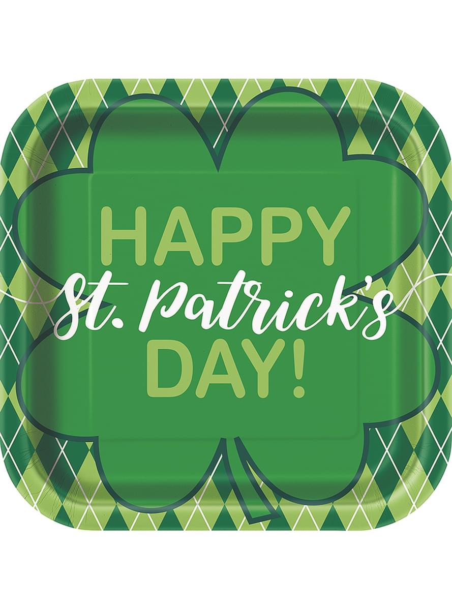 Sada 8 kostkovaných hranatých zelených talířů Happy St Patrick's Day