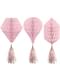 Pink honeycomb paper hanging decoration and pom poms in various shapes