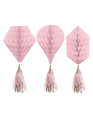 Decoración colgante de panel de abeja y pompones formas variadas en rosa
