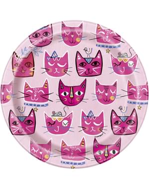 8 Katzen Pappteller klein (18 cm) - Rosa Katzen