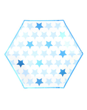 8 개의 큰 육각형 종이 접시 세트 - 작은 별 블루