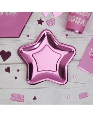 8 pembe yıldız şeklindeki kağıt tabak seti - Little Star Pink