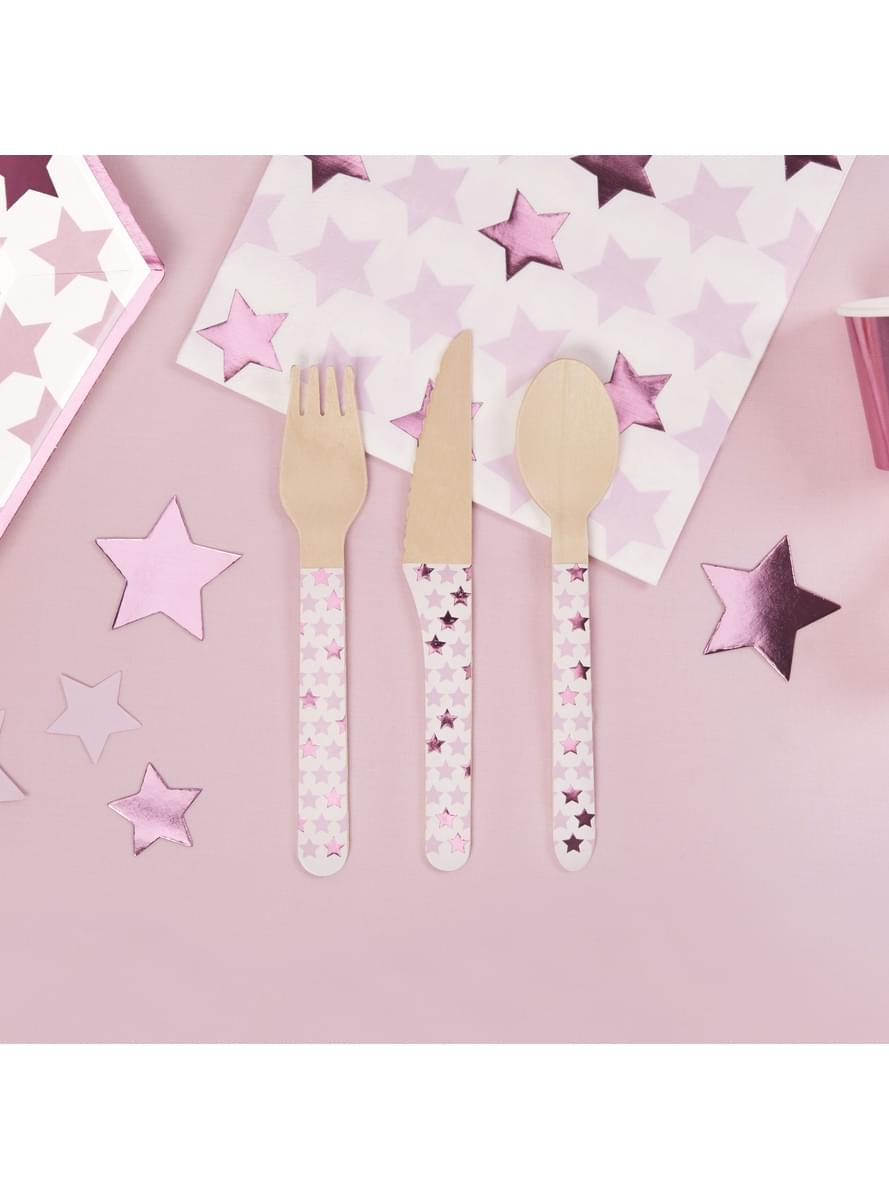 24 wooden cutlery pieces - Little Star Pink