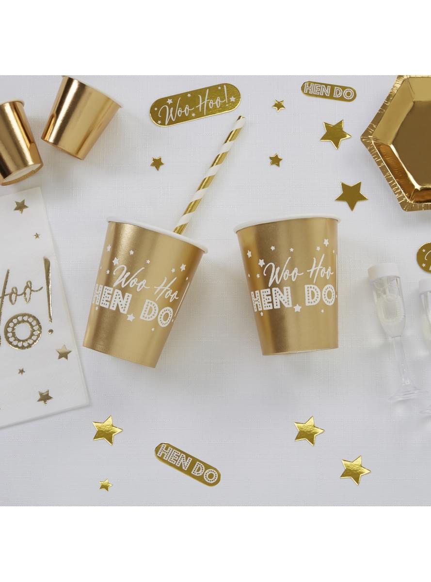 8 gobelets dorés en carton - Woo Hoo Hen Do