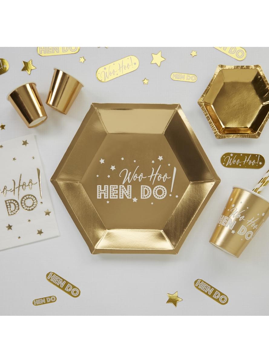 8 farfurii hexagonale aurii de carton (27 cm) - Woo Hoo Hen Do
