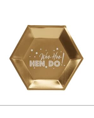 8 pratos hexagonais dourados de pape (27 cm) - Woo Hoo Hen Do