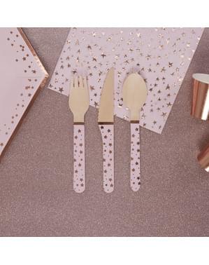24'lü Ahşap Çatal Kaşık Bıçak Seti - Glitz & Glamour Pink & Rose Gold