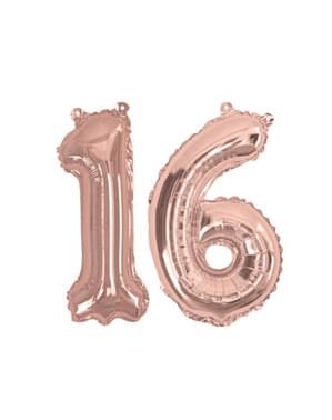 Folyo balon "16" gül altından - Glitz & Glamour Pink & Rose Gold 40cm