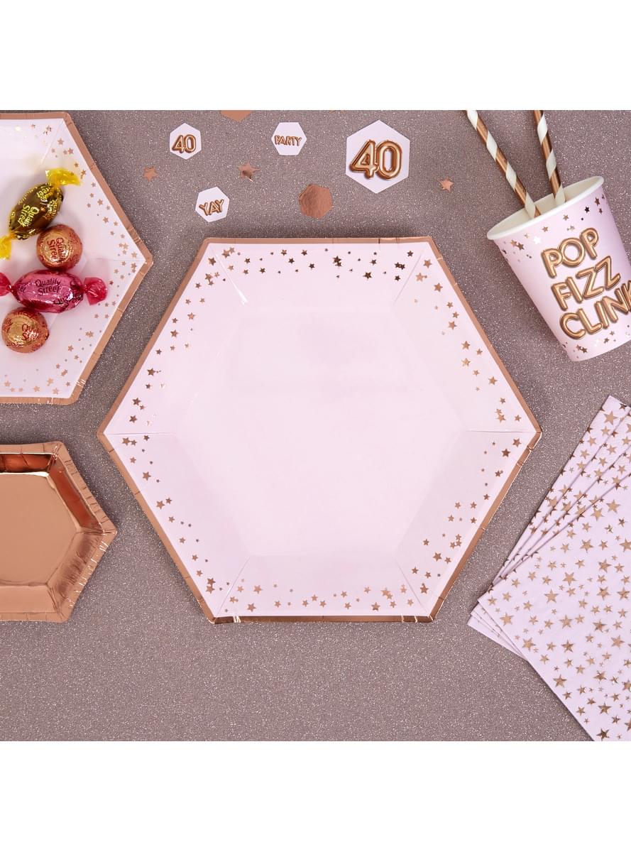 8 platos hexagonales de papel (27 cm) - Glitz & Glamour Pink & Rose Gold