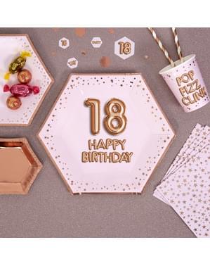 8 "18 Mutlu Doğum Günü" altıgen kağıt tabak seti - Glitz & Glamour Pink & Rose Gold