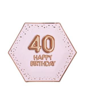 Set piring kertas heksagonal 8 "40 Selamat Ulang Tahun" - Glitz & Glamour Pink & Rose Gold
