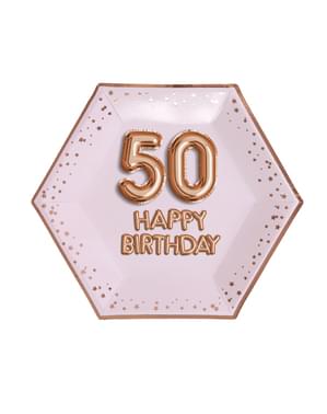 Set 8 "50 Selamat Ulang Tahun" piring kertas heksagonal - Glitz & Glamour Pink & Rose Gold