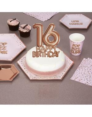 ローズゴールドのケーキデコレーション「16 Happy Birthday」 - グリッツ＆グラマーピンク＆ローズゴールド