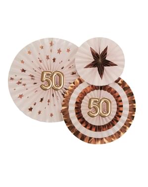 3 „50“ asortimento dekoruotų gerbėjų rinkinys - „Glitz & Glamour Pink & Rose Gold“