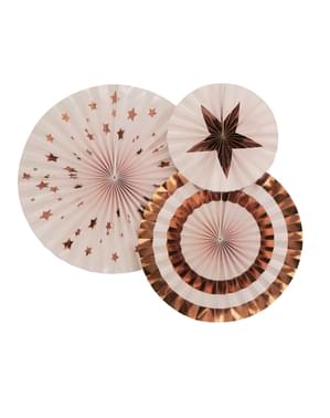 3 Abanicos de papel decorativos variados (21-26-30 cm) - Glitz & Glamour Pink & Rose Gold