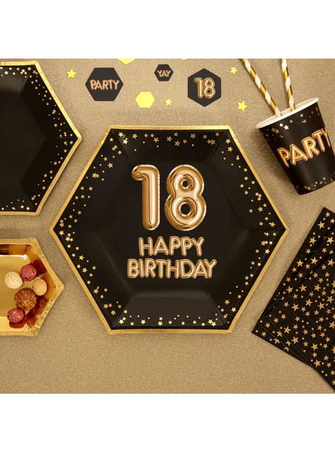 Sada 8 šesťhranných papierových platní s 18 "18 narodeninami" - Glitz & Glamour Black & Gold