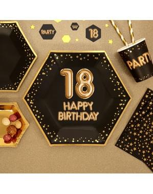 8 "18 Doğum Günün Kutlu Olsun" altıgen kağıt tabak seti - Glitz & Glamour Black & Gold
