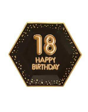 Set piring kertas heksagonal 8 "18 Selamat Ulang Tahun" - Glitz & Glamour Black & Gold