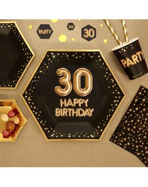 8 "30 Mutlu Doğum Günü" altıgen kağıt tabak seti - Glitz & Glamour Black & Gold