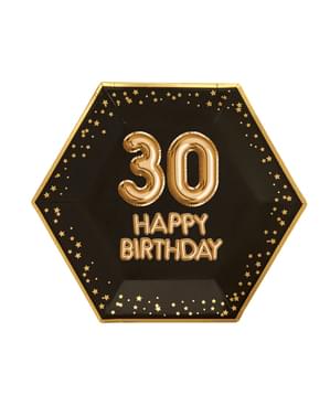 Set 8 "30 Selamat Ulang Tahun" piring kertas heksagonal - Glitz & Glamour Black & Gold