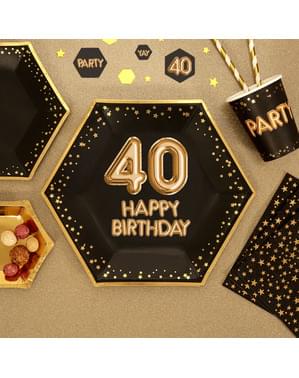 Set piring kertas heksagonal 8 "40 Selamat Ulang Tahun" - Glitz & Glamour Black & Gold