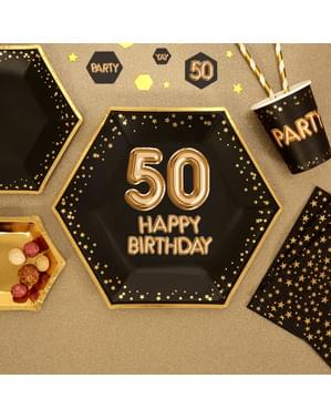 8 "50 Doğum Günün Kutlu Olsun" altıgen kağıt tabak seti - Glitz & Glamour Black & Gold