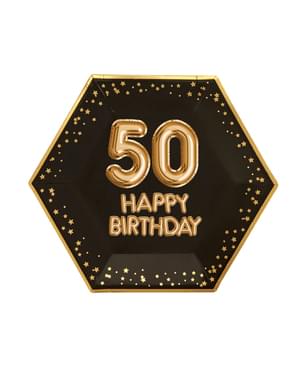 8 "50 हैप्पी बर्थडे" हेक्सागोनल पेपर प्लेट्स का सेट - ग्लिट्ज़ और ग्लैमर ब्लैक एंड गोल्ड