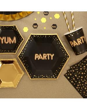 8 "Parti" orta altıgen kağıt tabak seti - Glitz & Glamour Black & Gold