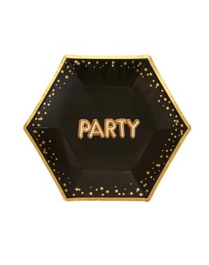 8 “Party” keskikokoista kuusikulmaista lautasta – Glitz & Glamour Black & Gold