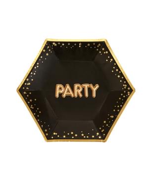 Sett af 8 "Party" miðlungs sexkantaðar pappírsplötum - Glitz & Glamour Black & Gold
