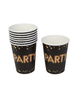 8 "पार्टी" पेपर कप का सेट - ग्लिट्ज़ और ग्लैमर ब्लैक एंड गोल्ड