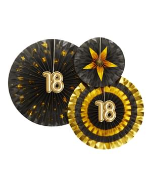 3 "18" çeşitli dekoratif vantilatör seti - Glitz & Glamour Black & Gold