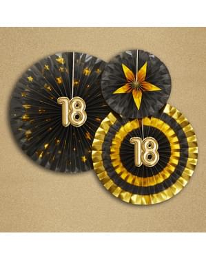 Set 3 "18" penggemar dihiasi berbagai macam - Glitz & Glamour Black & Gold