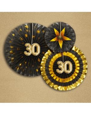 Set 3 "30" penggemar dihiasi berbagai macam - Glitz & Glamour Black & Gold