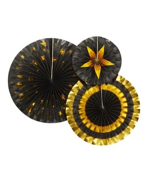 Sada 3 rôznych dekoratívnych papierových ventilátorov - Glitz & Glamour Black & Gold