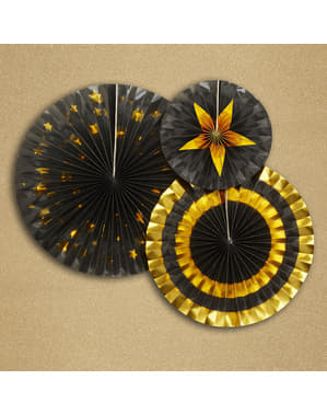 3 Hängande pappersdekorationer blandade (21-26-30 cm) - Glitz & Glamour Black & Gold