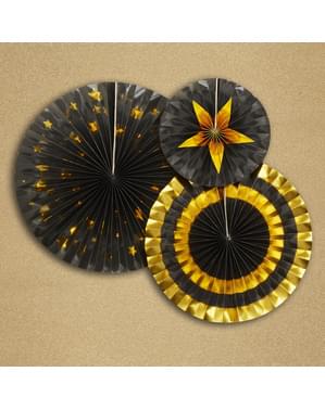 sett med 3 assorterte dekorativ papirvifte - Glitz & Glamour Svart & Gold