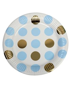 8 papperstallrikar med prickar blå och guldfärgade  (23 cm) - Pattern Works