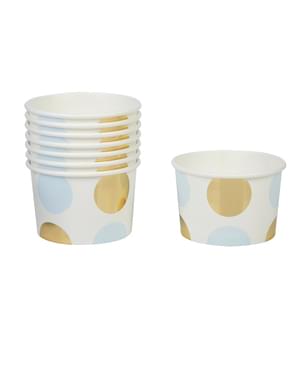 8 papir kopper med blå og guld polka prikker - Pattern Works