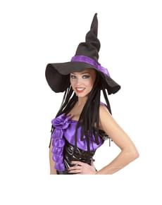 Chapéu de bruxa com cabelo de tiras