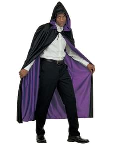 reversible cape with black and purple hood