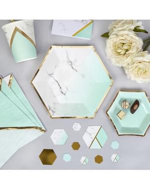8 mellemstore sekskantede papirtallerkner med geometrisk mintgrøn mønste (20 cm) - Color Block Marble