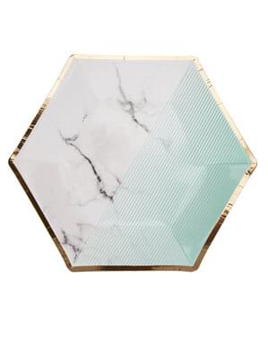 8 mellemstore sekskantede papirtallerkner med geometrisk mintgrøn mønste (20 cm) - Color Block Marble
