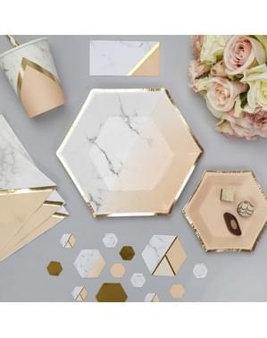 8 mellemstore sekskantede papirtallerkner med geometrisk ferskenmønste (20 cm) - Color Block Marble